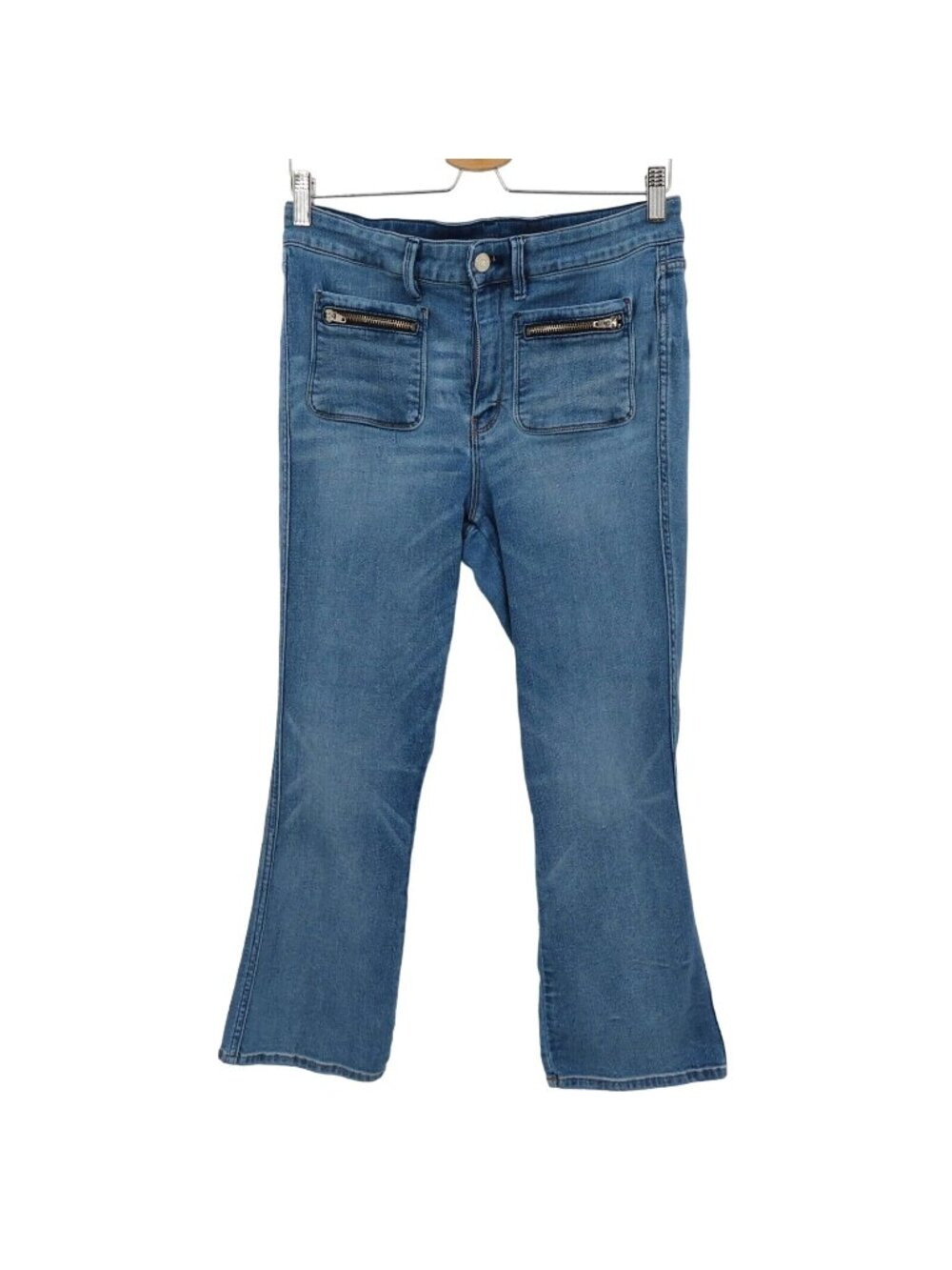 White House Black Market 8 Flare Crop Blue Denim Jeans Square Zip Pockets Retro